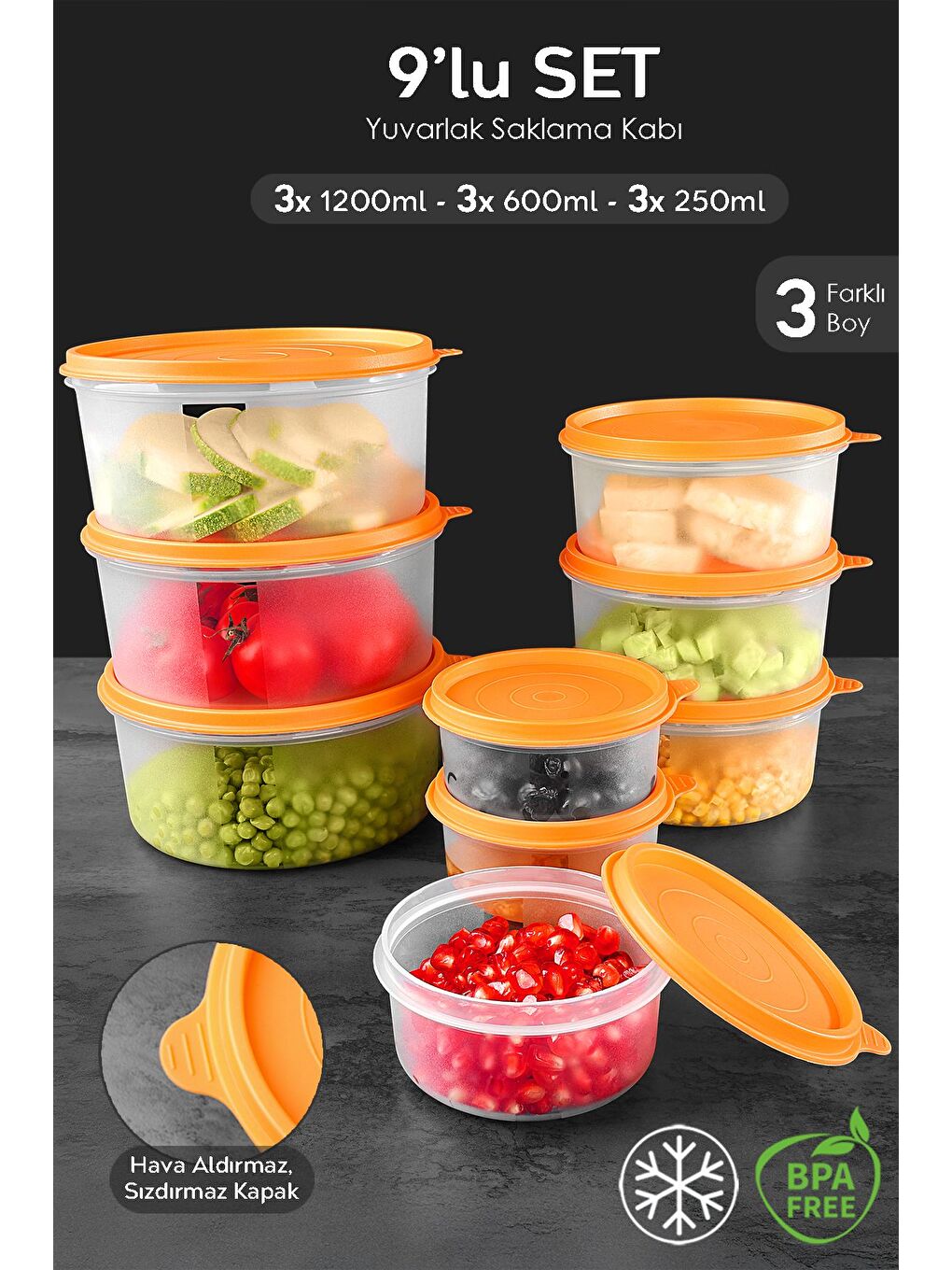 9'lu Yuvarlak Gıda Saklama Kabı Seti 3x250 3x600 3x1200 ml Turuncu