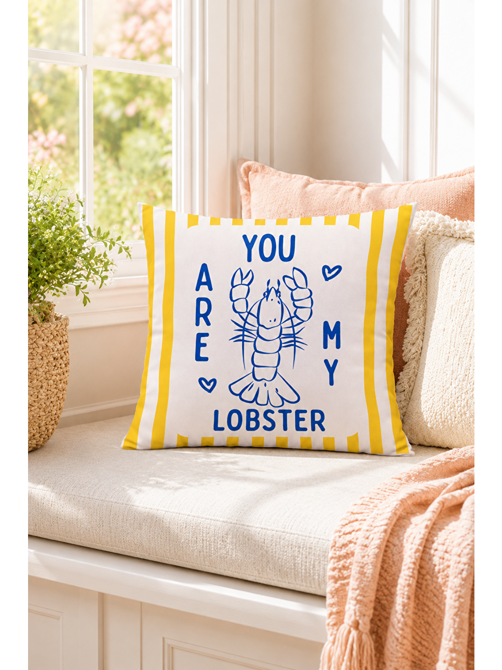 Beyaz You Are My Lobster Yazı Baskılı Marin Dekoratif Kırlent Kılıfı Yazlık Dekor 43x43 Cm-7