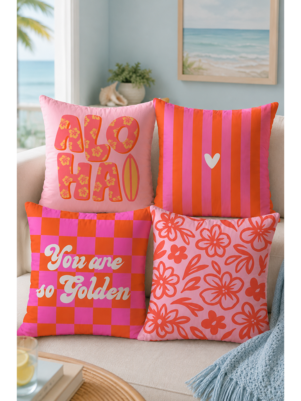 Pembe Aloha Çiçek Ve Çizgi Desenli Dekoratif Kırlent Kılıfı 43x43 Cm Retro Yazlık Dekor-5