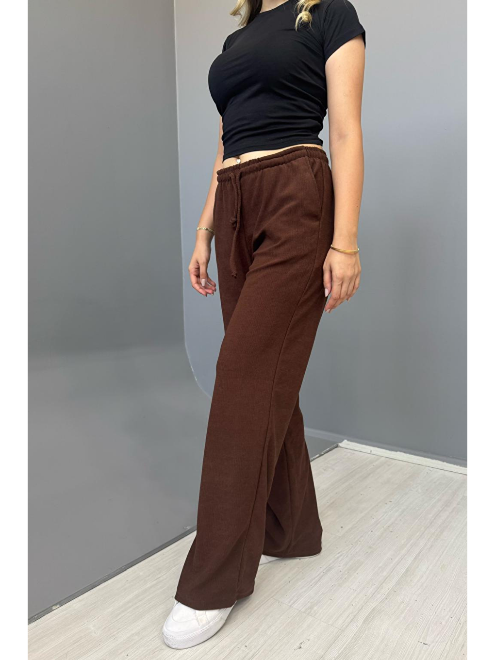 Kahverengi Kadın Jakarlı Salaş Bağcıklı Pantolon - KAHVERENGİ-2