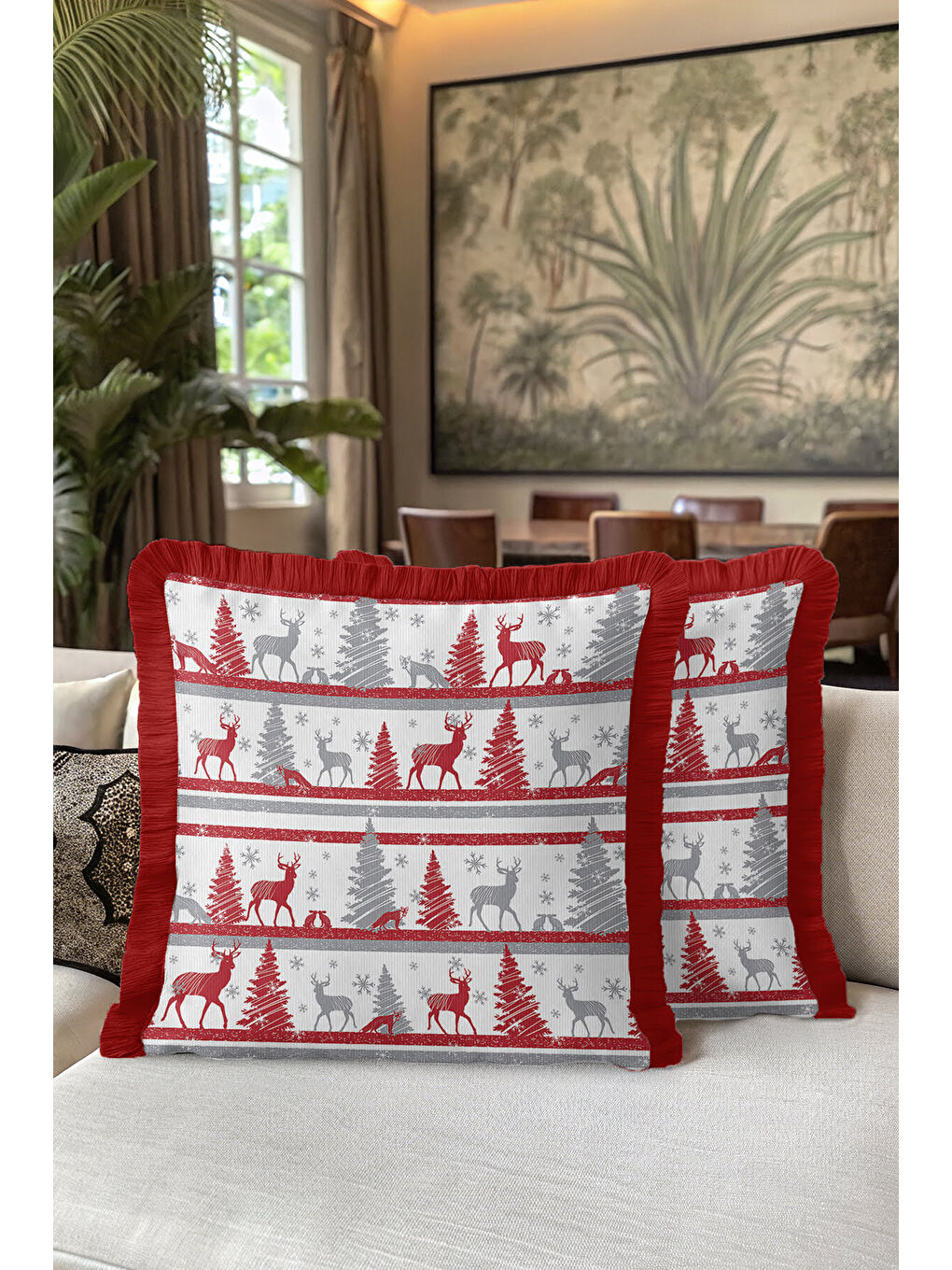 Karışık Nordik Geyik Temalı Saçaklı Yastık Kılıfı - Kış Rustik Kırmızı Gri Püsküllü Kırlent Kılıfı-5