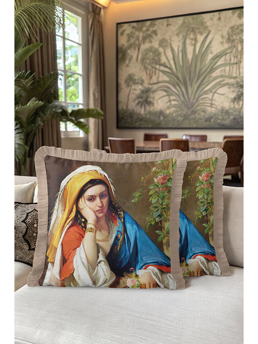 Karışık Avangart Portre Saçaklı Yastık Kılıfı - Sanatsal Klasik Vintage Mavi Gold Püsküllü Kırlent Kılıfı-5