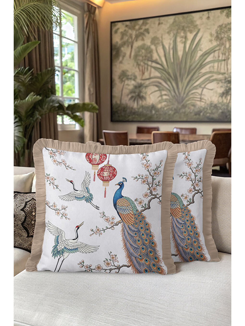 Karışık Görkemli Kuş ve Fener Saçaklı Yastık Kılıfı - Doğu Esintili Bohem Mavi Krem Püsküllü Kırlent Kılıfı-5