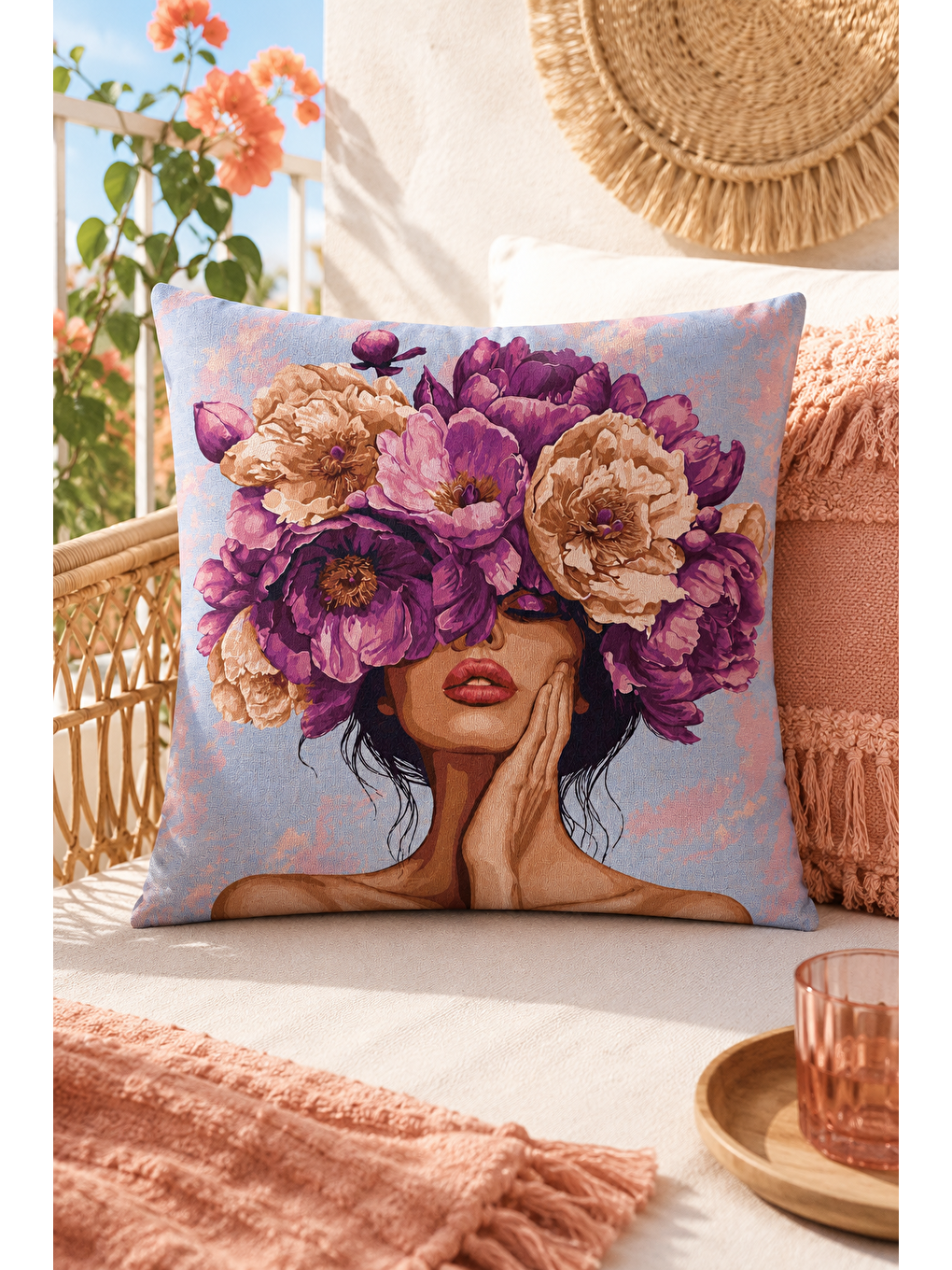Mor Çiçek Taçlı Kadın Portre Dekoratif Kırlent Kılıfı Bohem Salon Dekor 43x43 Cm-5