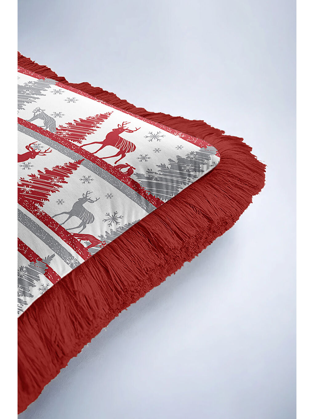 Karışık Nordik Geyik Temalı Saçaklı Yastık Kılıfı - Kış Rustik Kırmızı Gri Püsküllü Kırlent Kılıfı-6