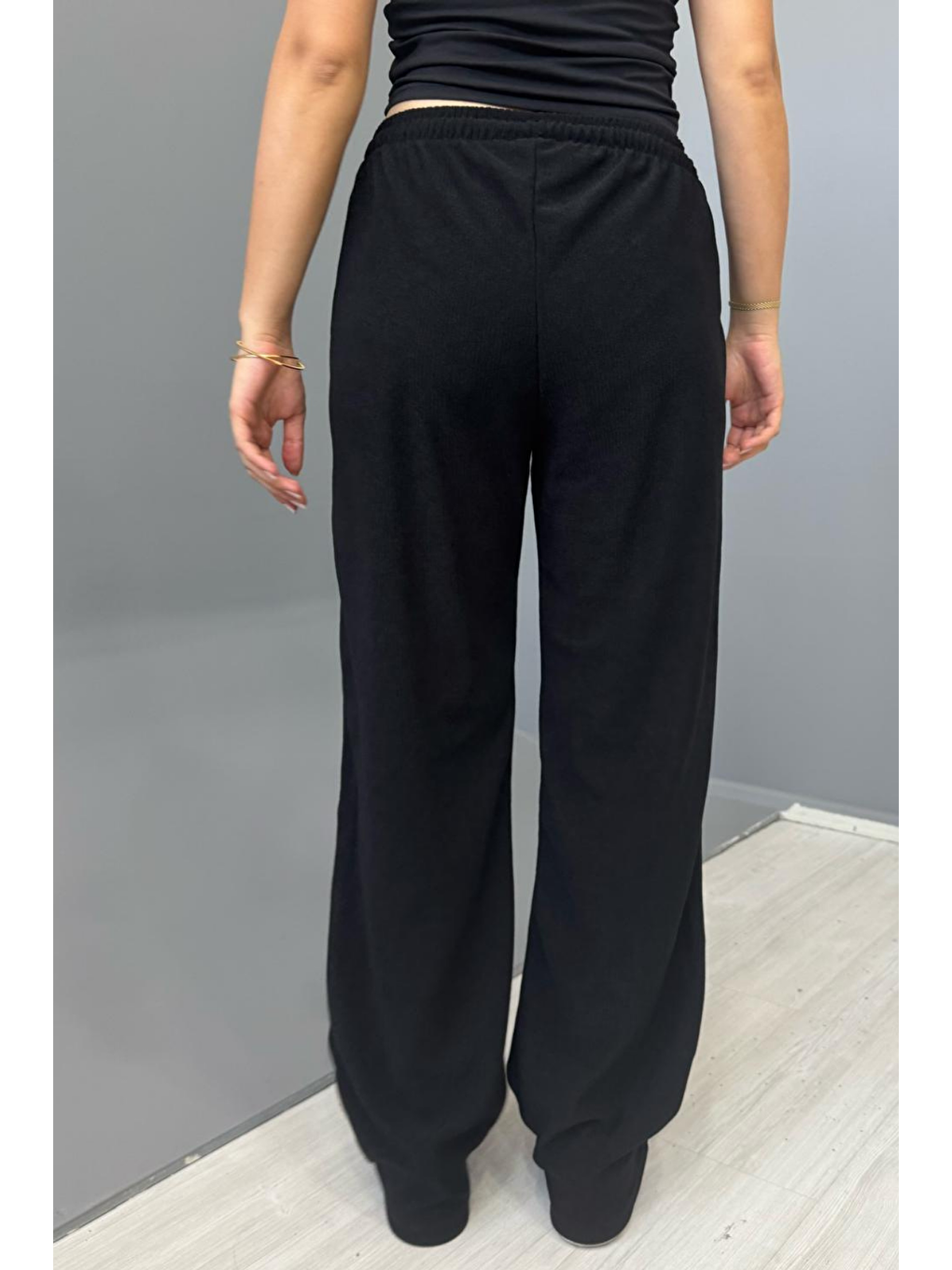 Siyah Kadın Jakarlı Salaş Bağcıklı Pantolon - SİYAH-1