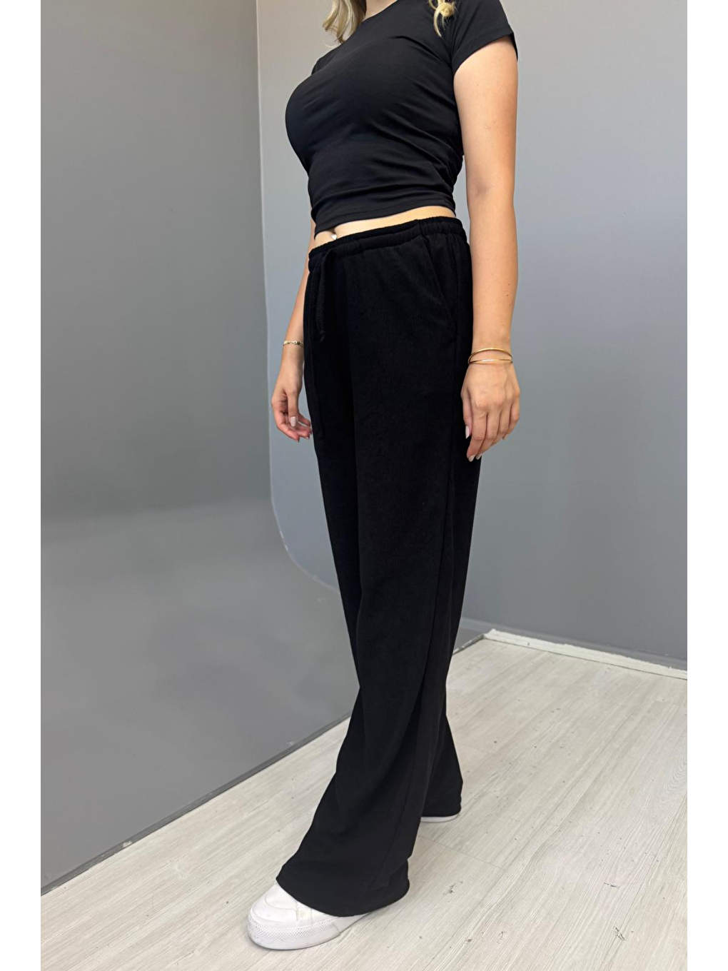 Siyah Kadın Jakarlı Salaş Bağcıklı Pantolon - SİYAH-2