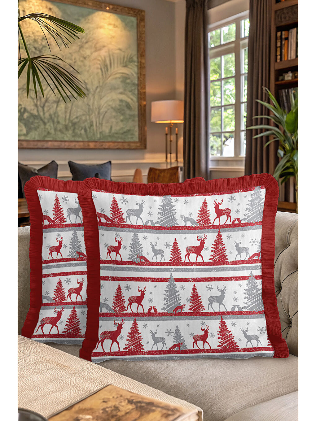 Karışık Nordik Geyik Temalı Saçaklı Yastık Kılıfı - Kış Rustik Kırmızı Gri Püsküllü Kırlent Kılıfı-7