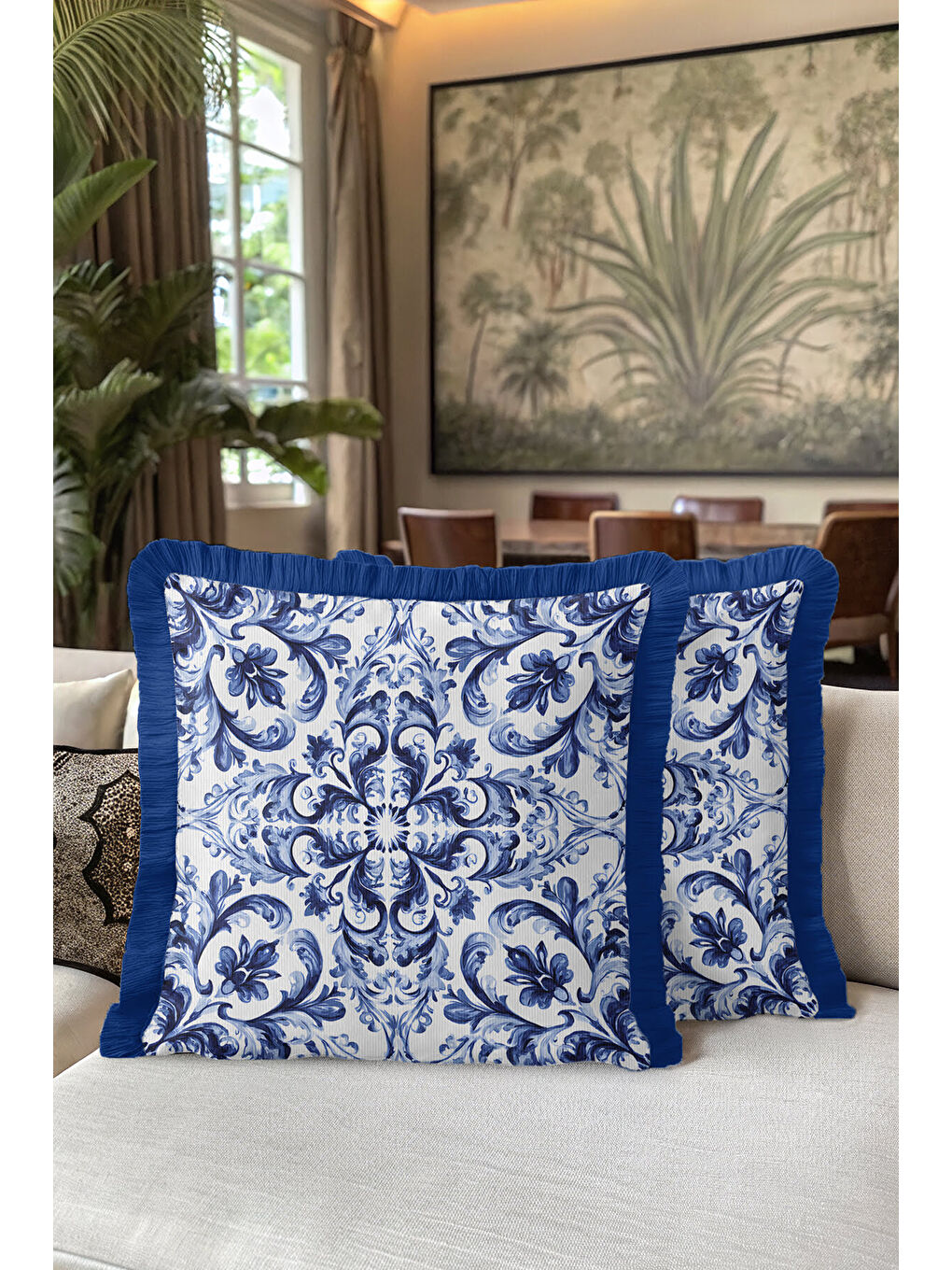 Karışık Barok Lüks Saçaklı Yastık Kılıfı - Akdeniz Esintili Klasik Mavi Püsküllü Kırlent Kılıfı-5