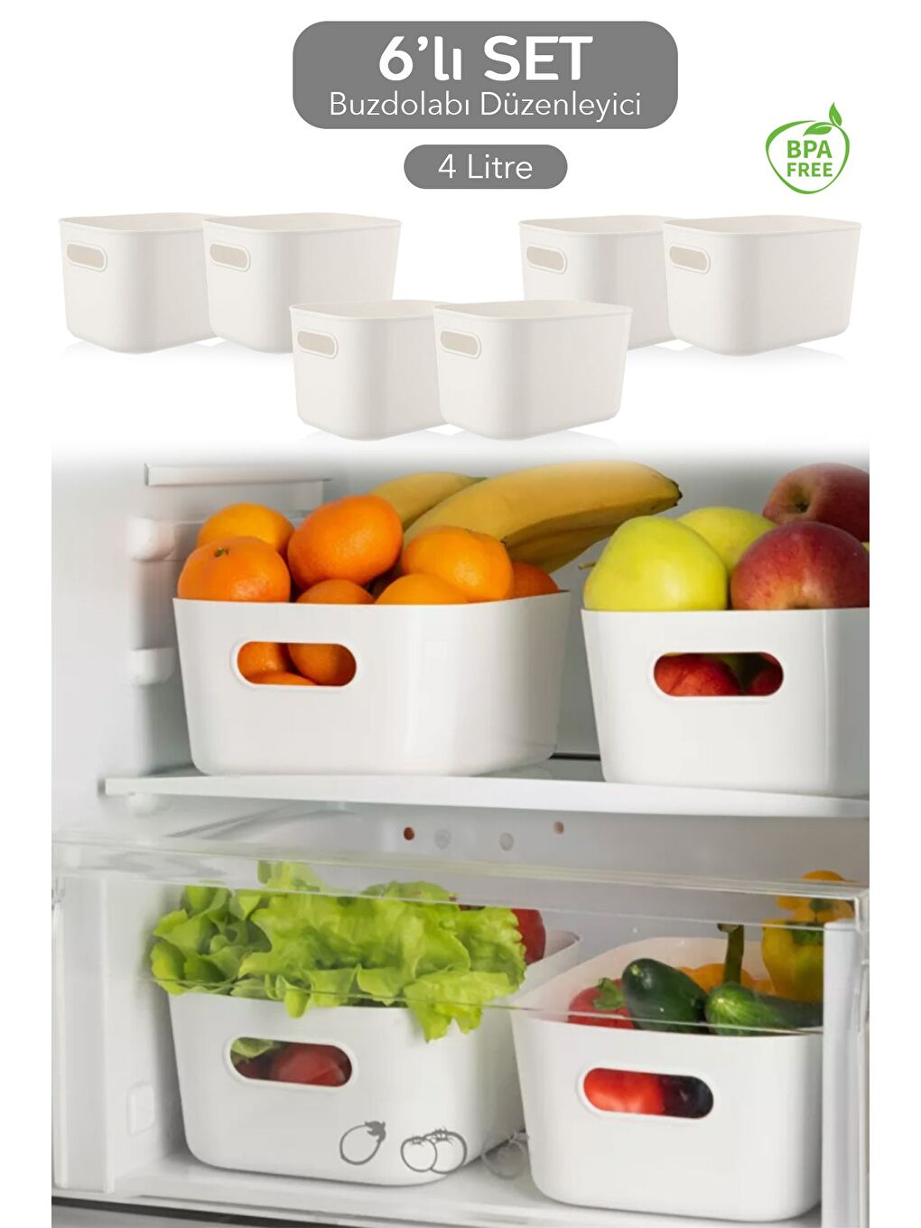 6'lı Buzdolabı Dolap İçi Düzenleyici Organizer Saklama Kabı Beyaz 6 x 4 Litre