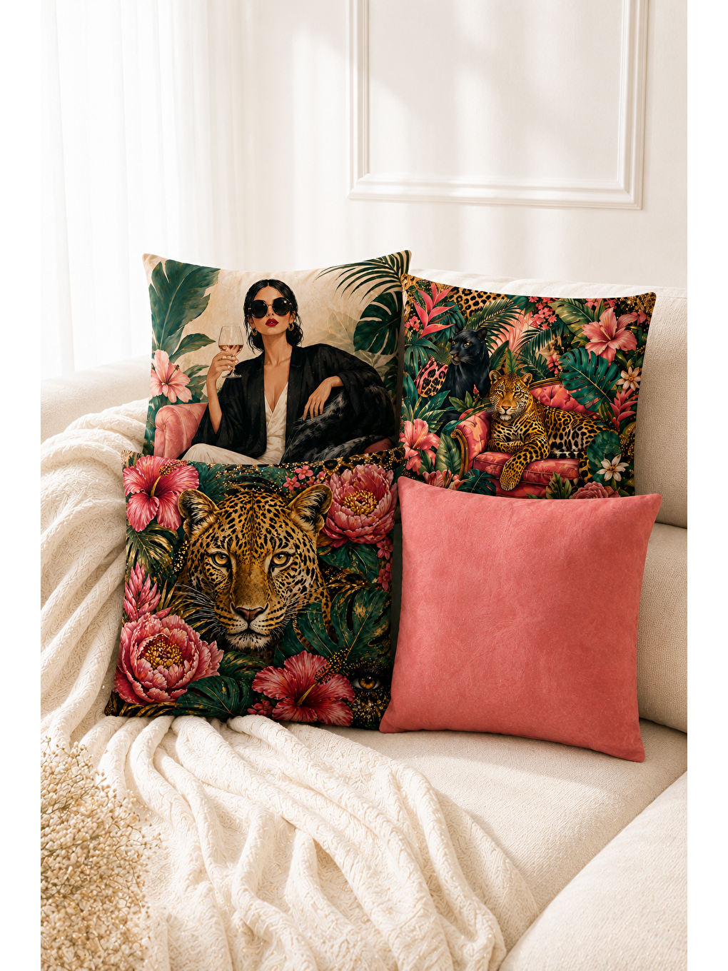Karışık Tropikal Leopar Ve Kadın Baskılı Dekoratif Kırlent Kılıfı 43x43 Cm Modern Dekor-4