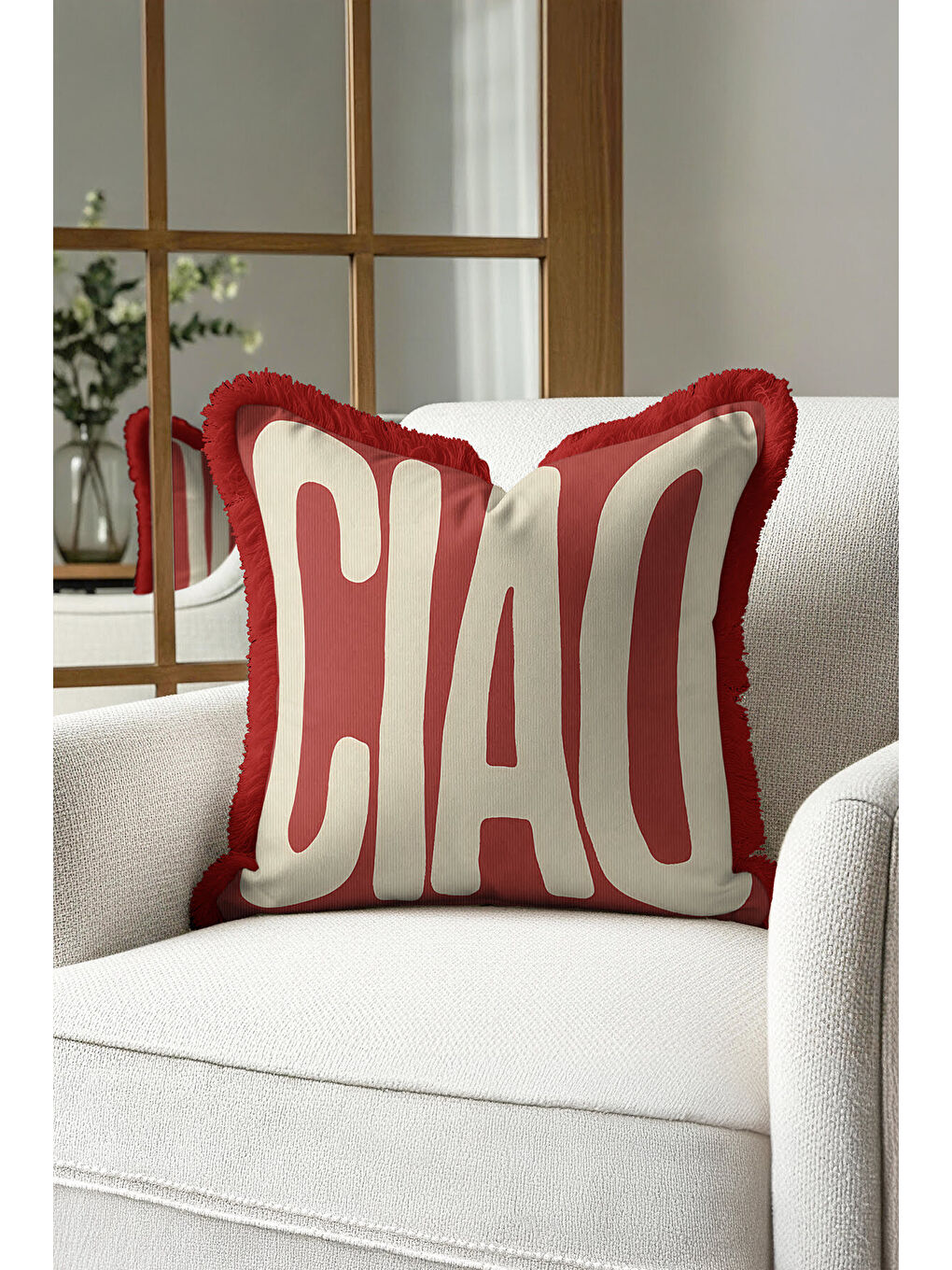 Karışık Modern Retro Yazılı Saçaklı Yastık Kılıfı - Büyük Tipografi Bohem Kırmızı Püsküllü Kırlent Kılıfı-3
