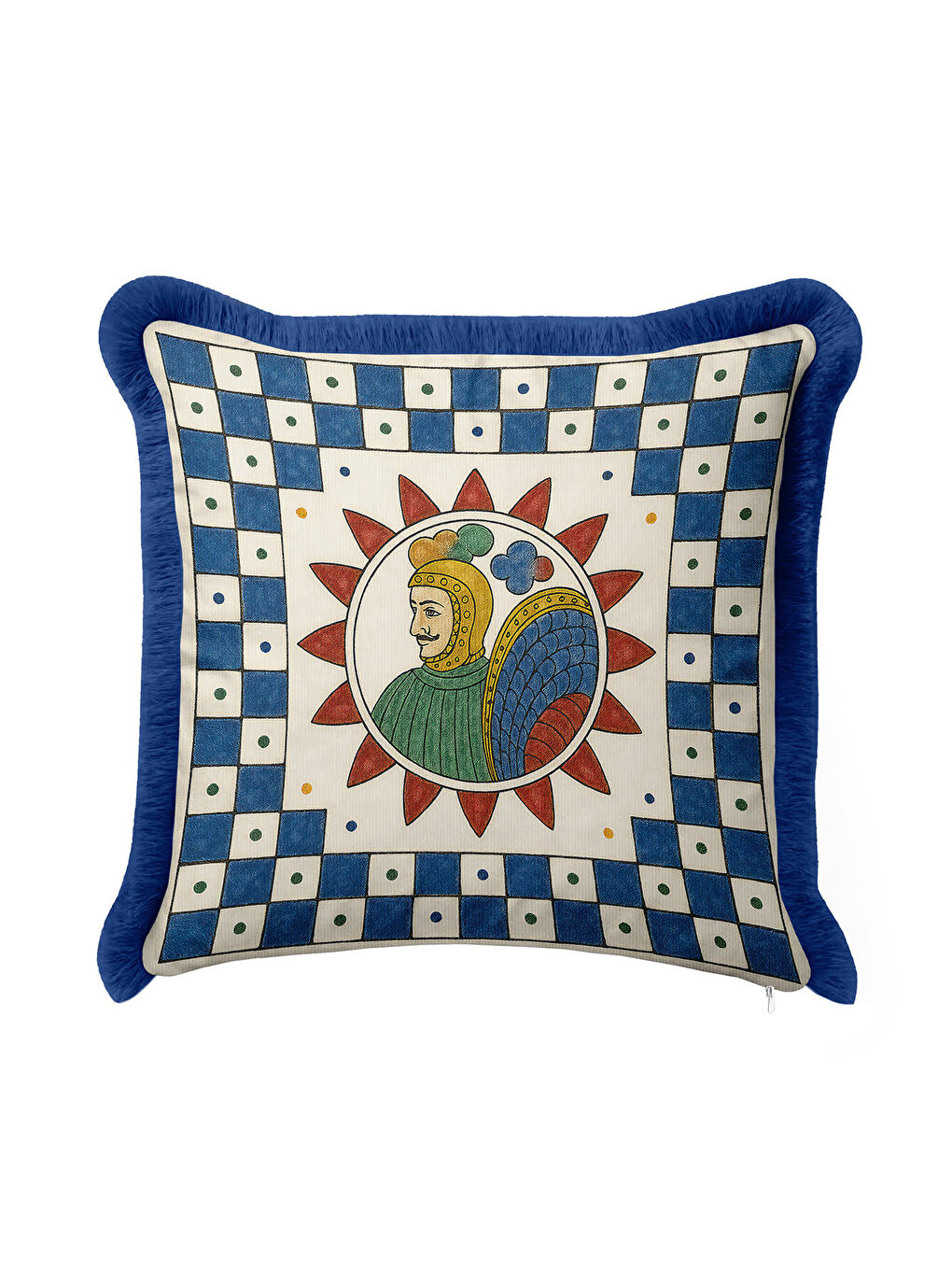 Karışık Saray Motifli Saçaklı Yastık Kılıfı - Mitolojik Figürlü Bohem Mavi Krem Püsküllü Kırlent Kılıfı