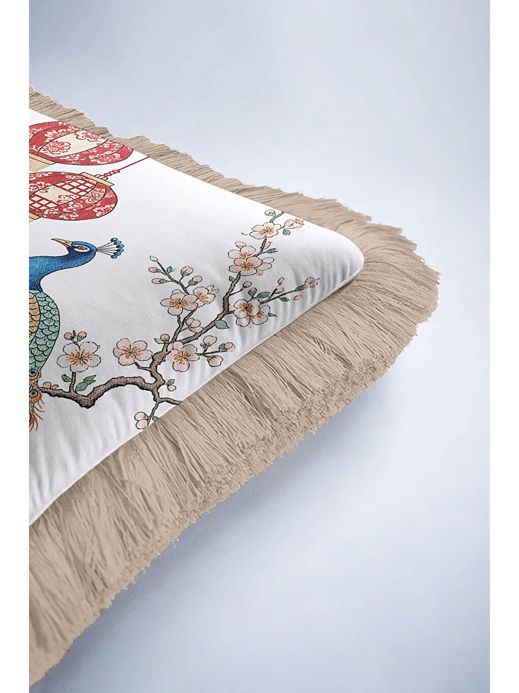 Karışık Görkemli Kuş ve Fener Saçaklı Yastık Kılıfı - Doğu Esintili Bohem Mavi Krem Püsküllü Kırlent Kılıfı-6