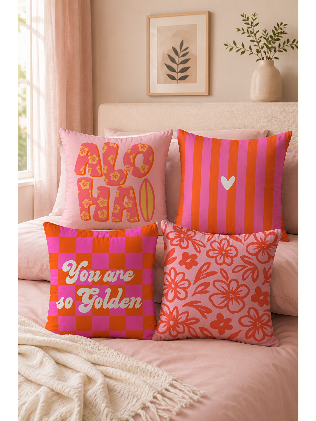 Pembe Aloha Çiçek Ve Çizgi Desenli Dekoratif Kırlent Kılıfı 43x43 Cm Retro Yazlık Dekor-6