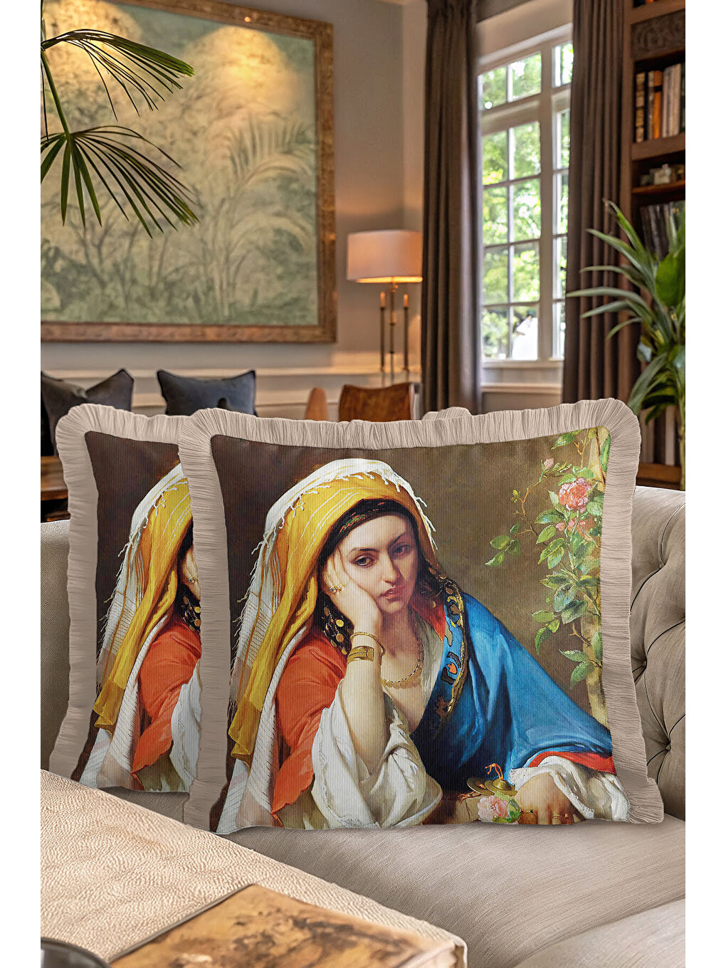 Karışık Avangart Portre Saçaklı Yastık Kılıfı - Sanatsal Klasik Vintage Mavi Gold Püsküllü Kırlent Kılıfı-7