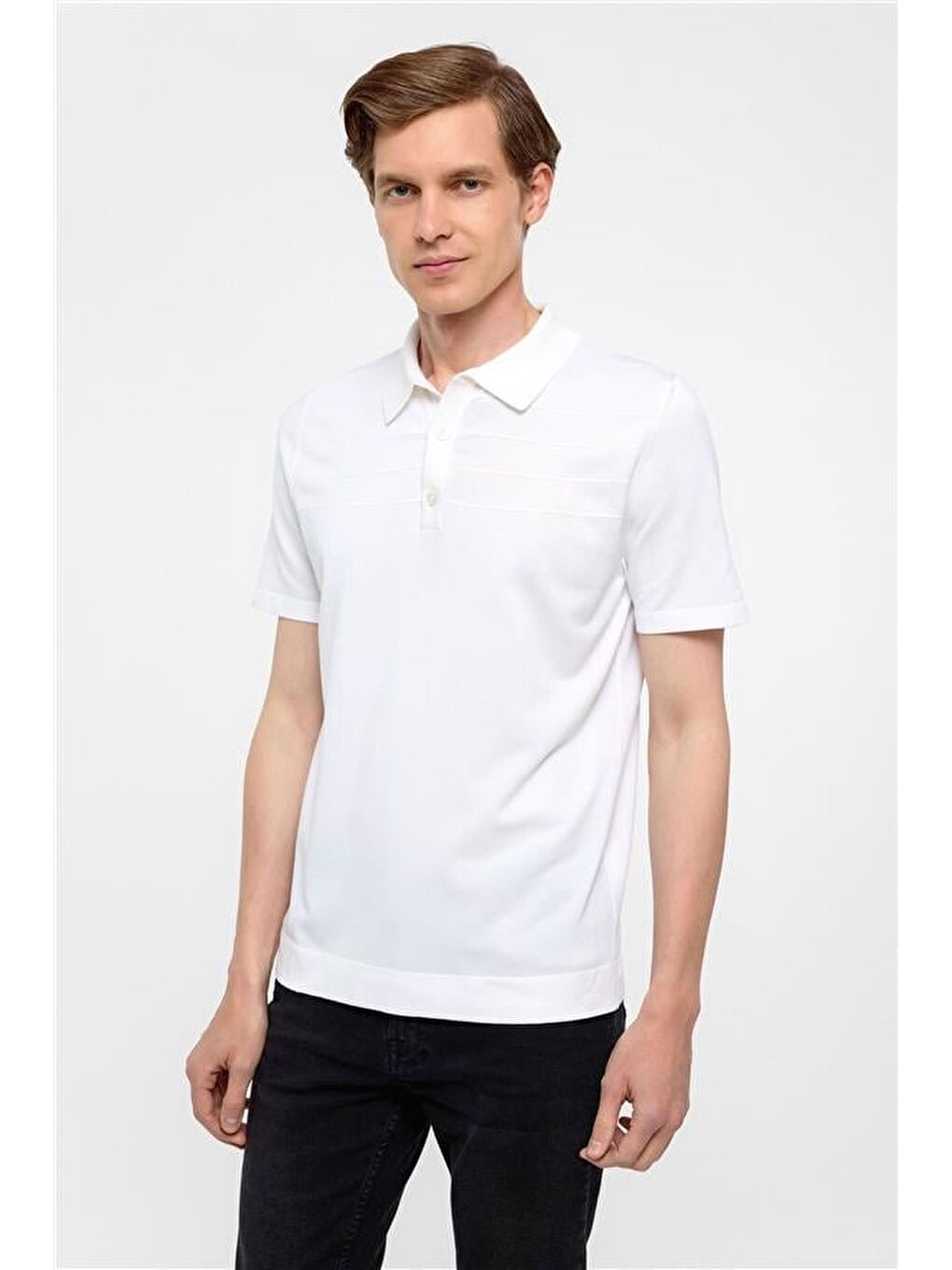 Beyaz Regular Düz Polo Yaka Triko-1