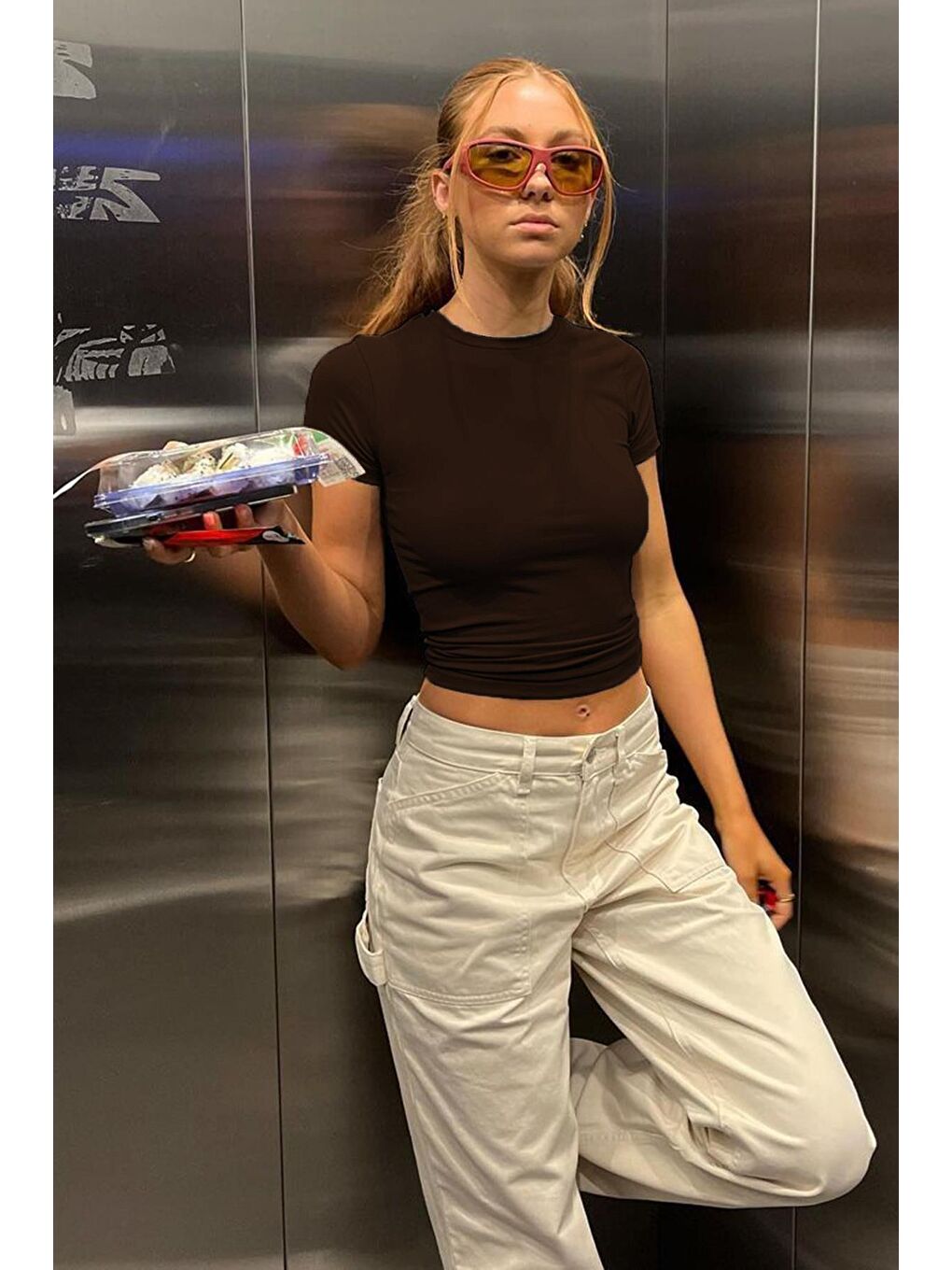 Kahverengi Acı Kahve Bisiklet Yaka Basic Kadın Tişört Mg1725