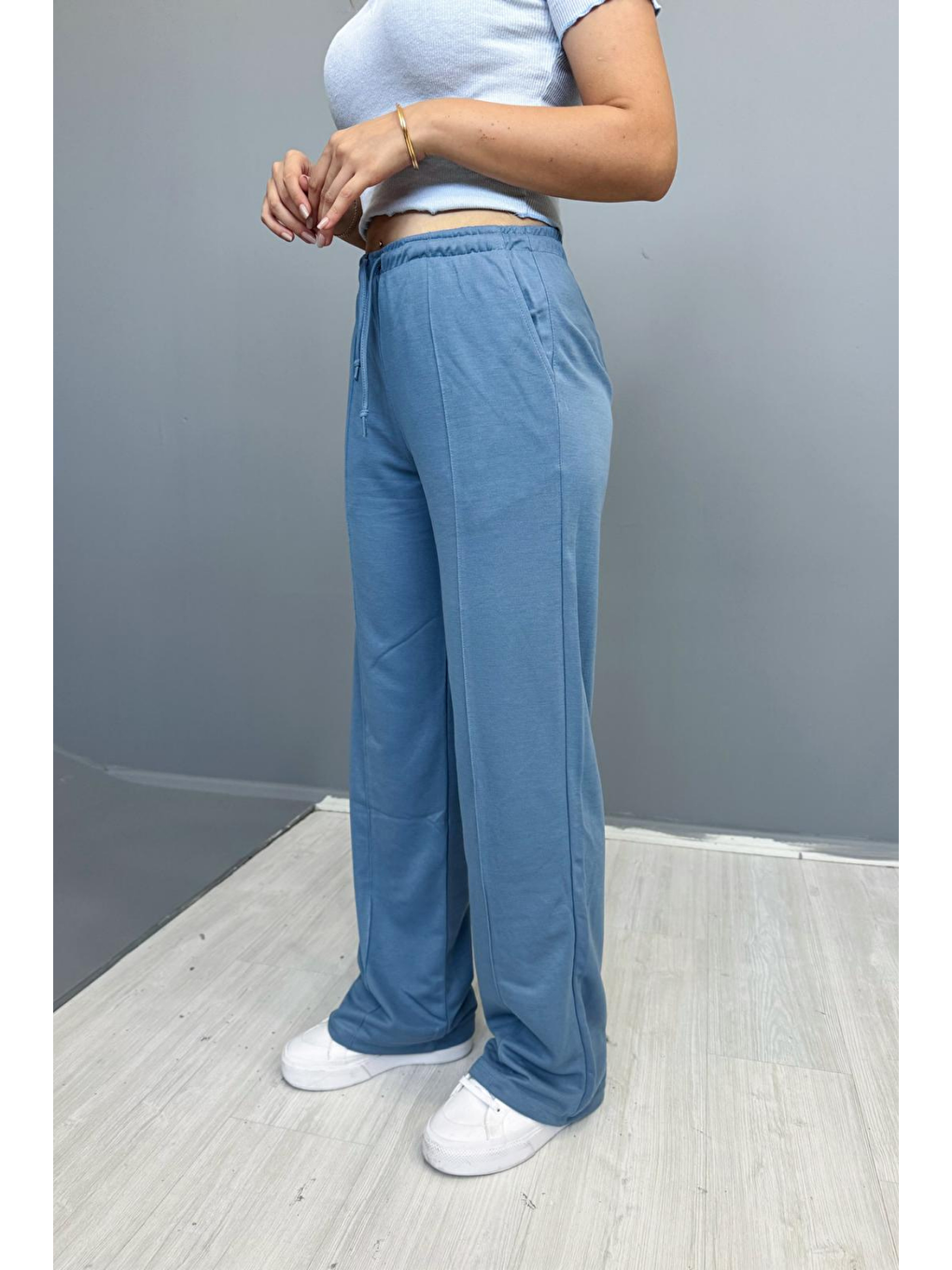 Kadın Mavi Çımalı 2 Iplik Bol Paça Eşofman Altı-2