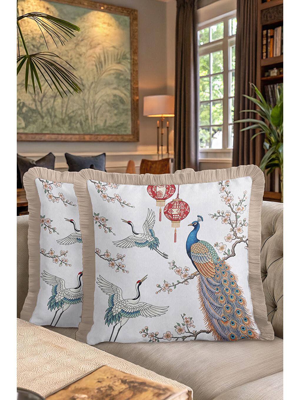 Karışık Görkemli Kuş ve Fener Saçaklı Yastık Kılıfı - Doğu Esintili Bohem Mavi Krem Püsküllü Kırlent Kılıfı-7