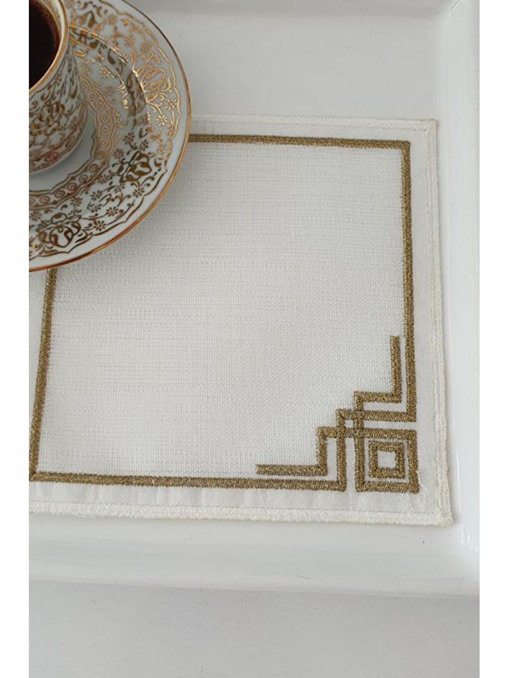 Kahverengi Köşe Nakışlı Keten Kare Bardak Altlığı Seti 6 Lı Kahve-1