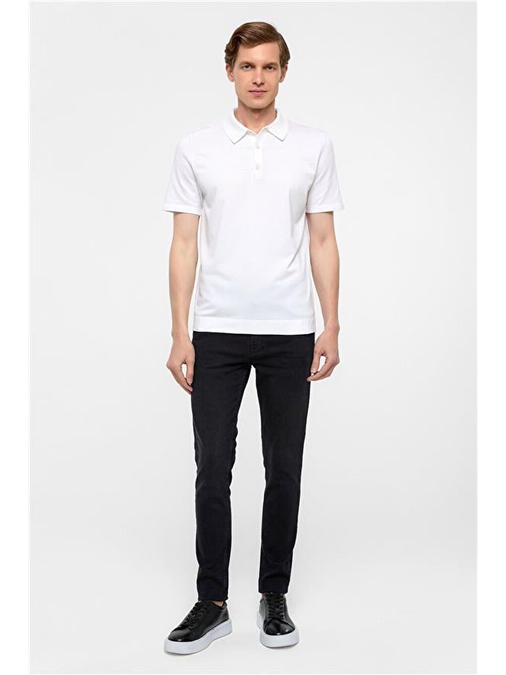 Beyaz Regular Düz Polo Yaka Triko-7