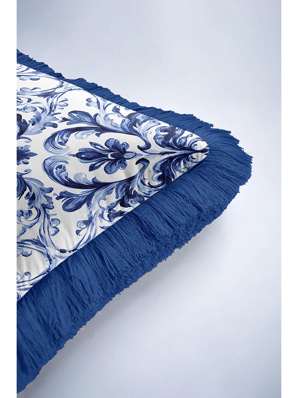 Karışık Barok Lüks Saçaklı Yastık Kılıfı - Akdeniz Esintili Klasik Mavi Püsküllü Kırlent Kılıfı-6