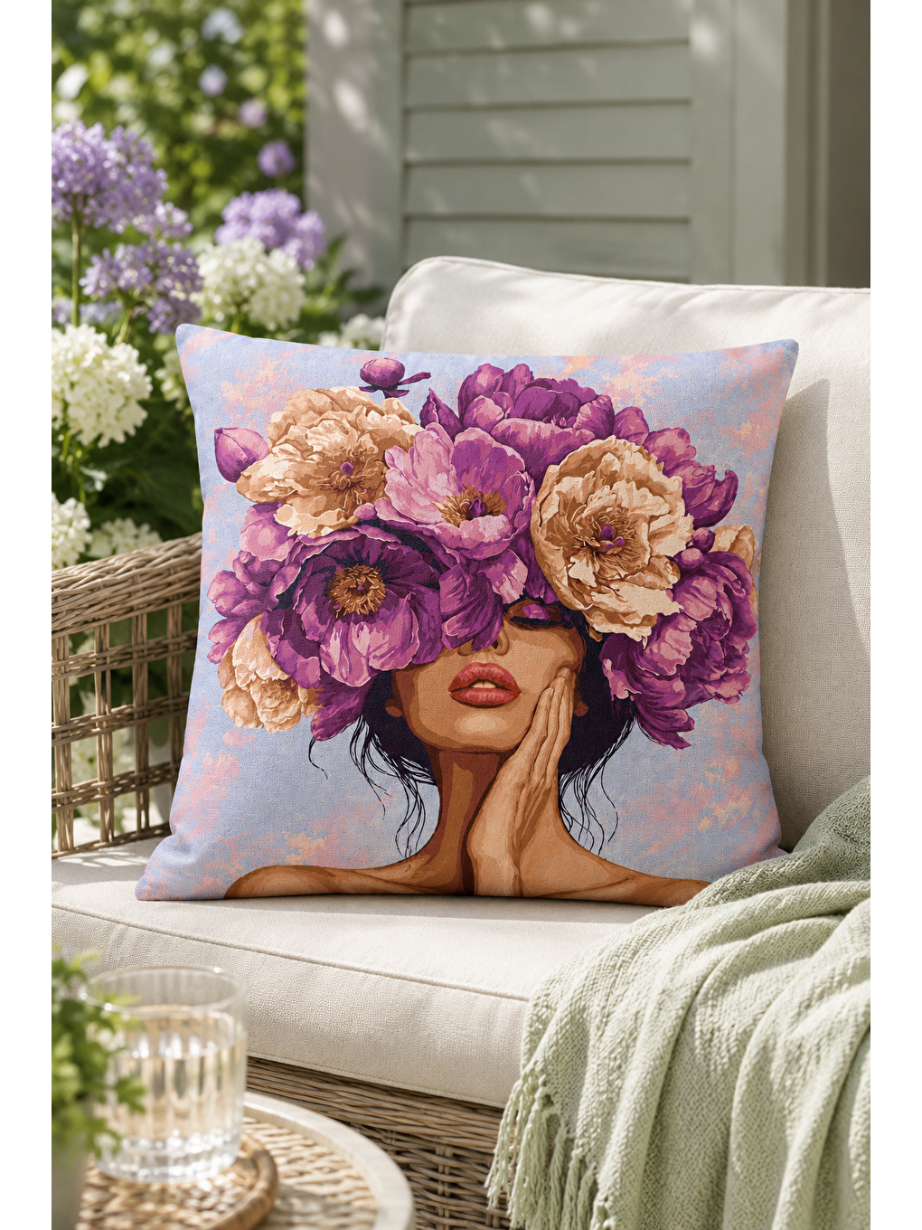 Mor Çiçek Taçlı Kadın Portre Dekoratif Kırlent Kılıfı Bohem Salon Dekor 43x43 Cm-6