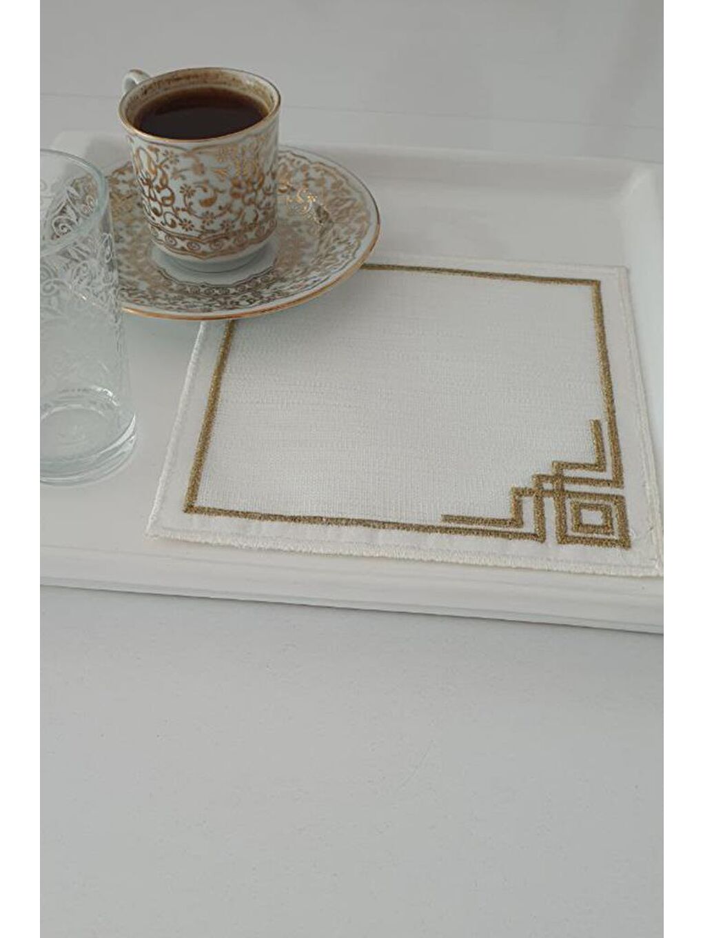 Kahverengi Köşe Nakışlı Keten Kare Bardak Altlığı Seti 6 Lı Kahve-2