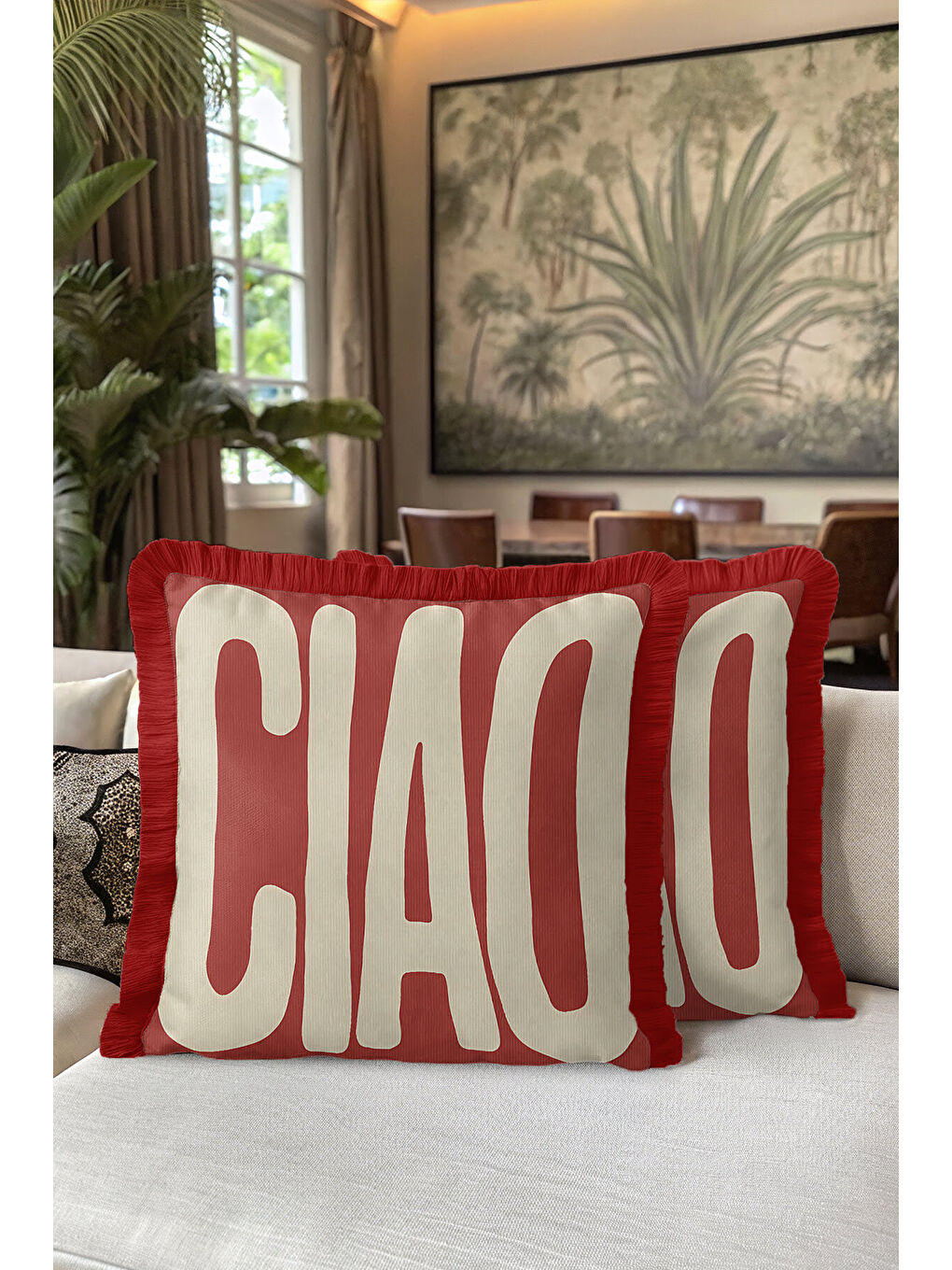 Karışık Modern Retro Yazılı Saçaklı Yastık Kılıfı - Büyük Tipografi Bohem Kırmızı Püsküllü Kırlent Kılıfı-5