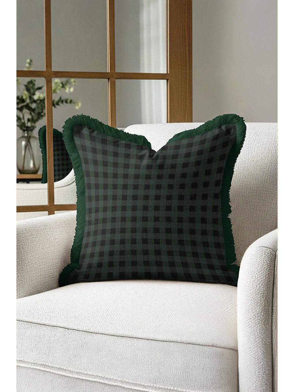 Karışık Lüks Ekose Saçaklı Yastık Kılıfı - Yeşil Kareli Klasik Rustik Püsküllü Kırlent Kılıfı-1