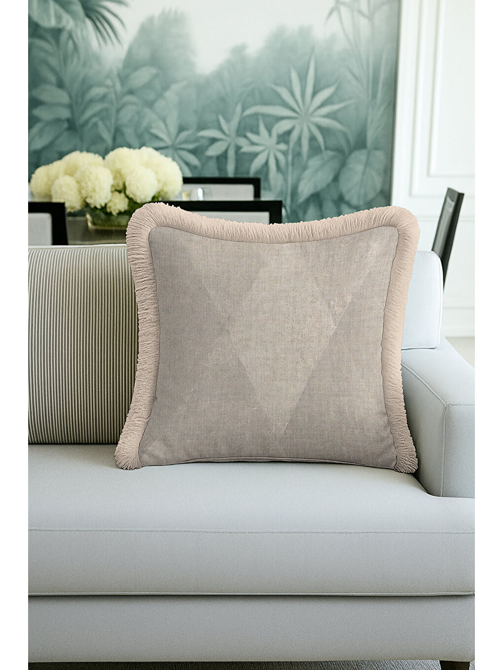 Karışık Modern Lüks Saçaklı Yastık Kılıfı - Doğal Doku Rustik Bej Püsküllü Kırlent Kılıfı-2