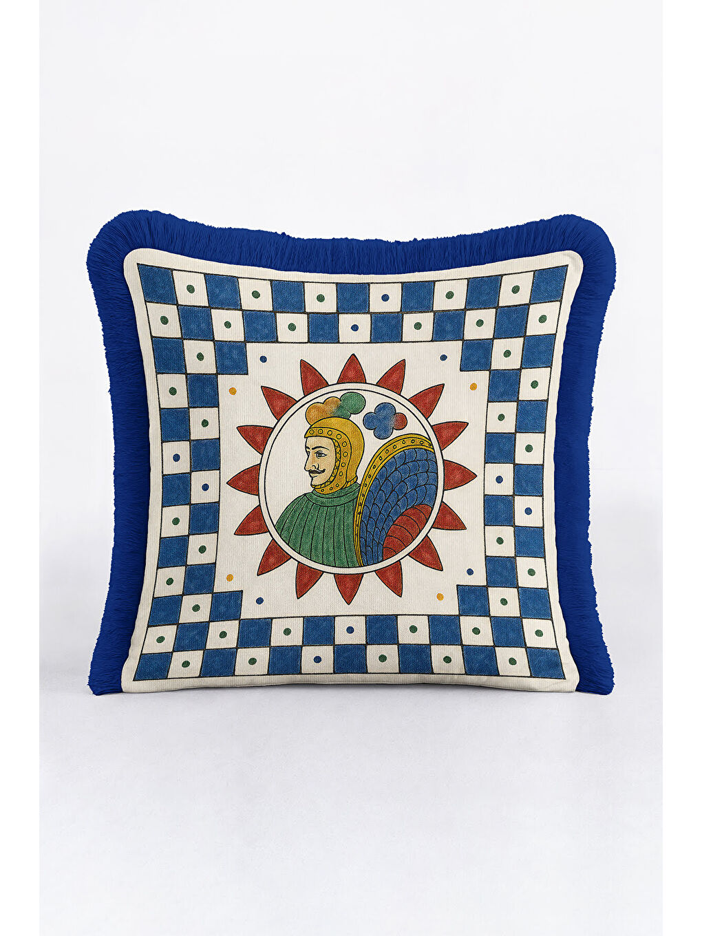 Karışık Saray Motifli Saçaklı Yastık Kılıfı - Mitolojik Figürlü Bohem Mavi Krem Püsküllü Kırlent Kılıfı-1