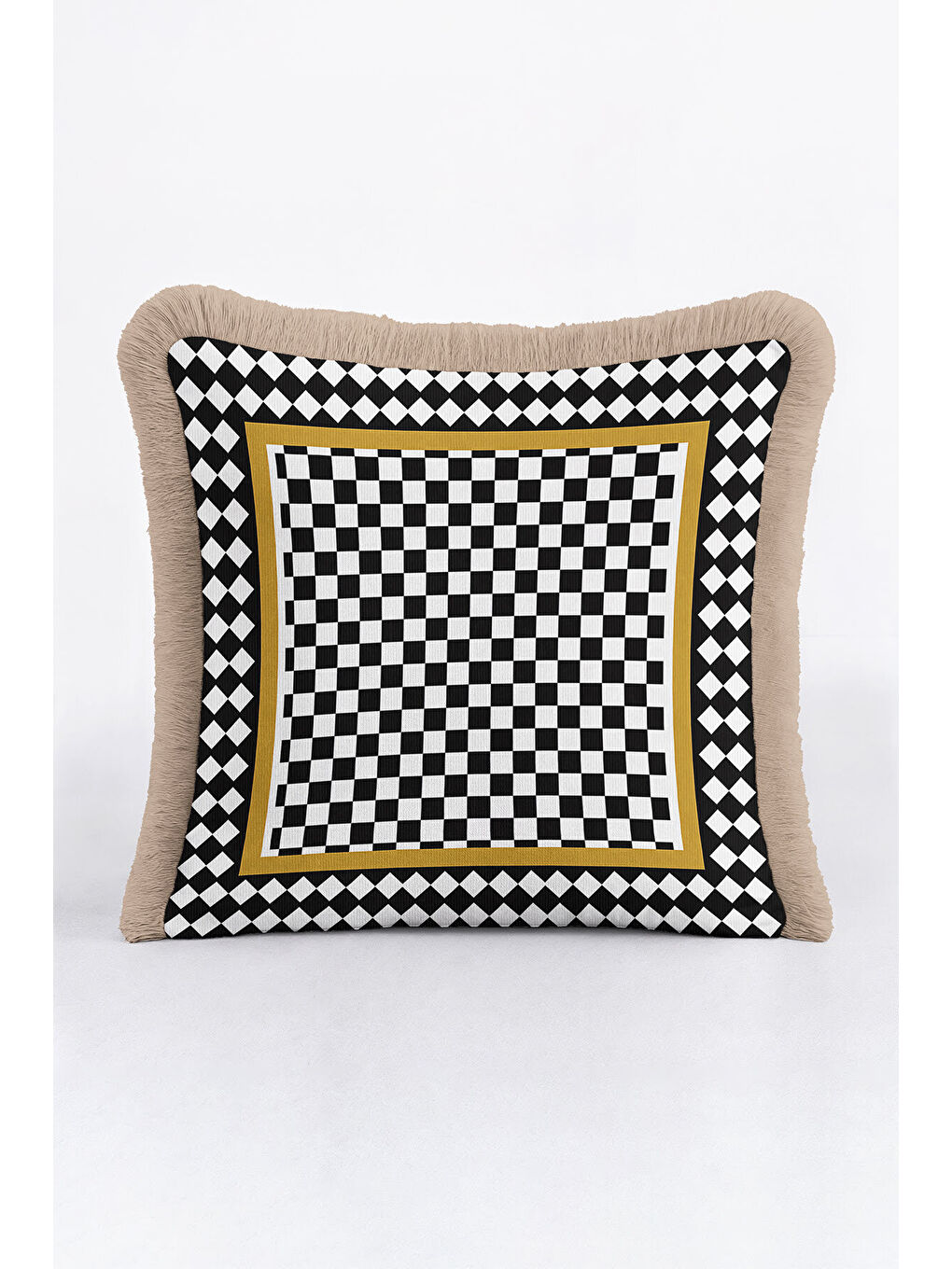 Karışık Lüks Retro Satranç Saçaklı Yastık Kılıfı - Optik İllüzyon Siyah Beyaz Gold Püsküllü Kırlent Kılıfı