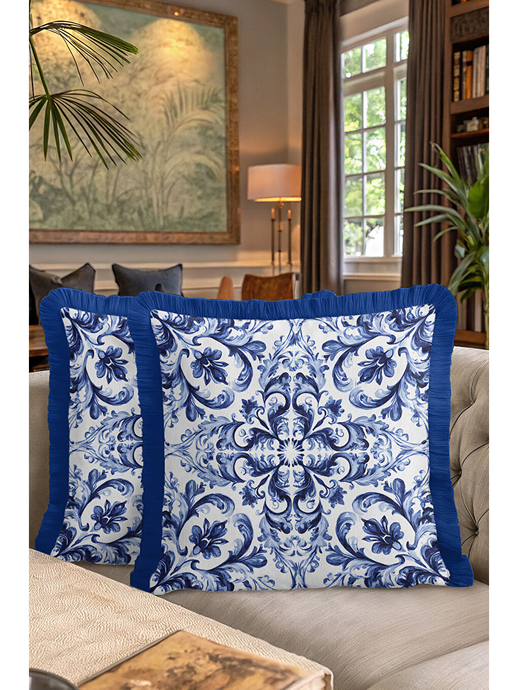 Karışık Barok Lüks Saçaklı Yastık Kılıfı - Akdeniz Esintili Klasik Mavi Püsküllü Kırlent Kılıfı-7