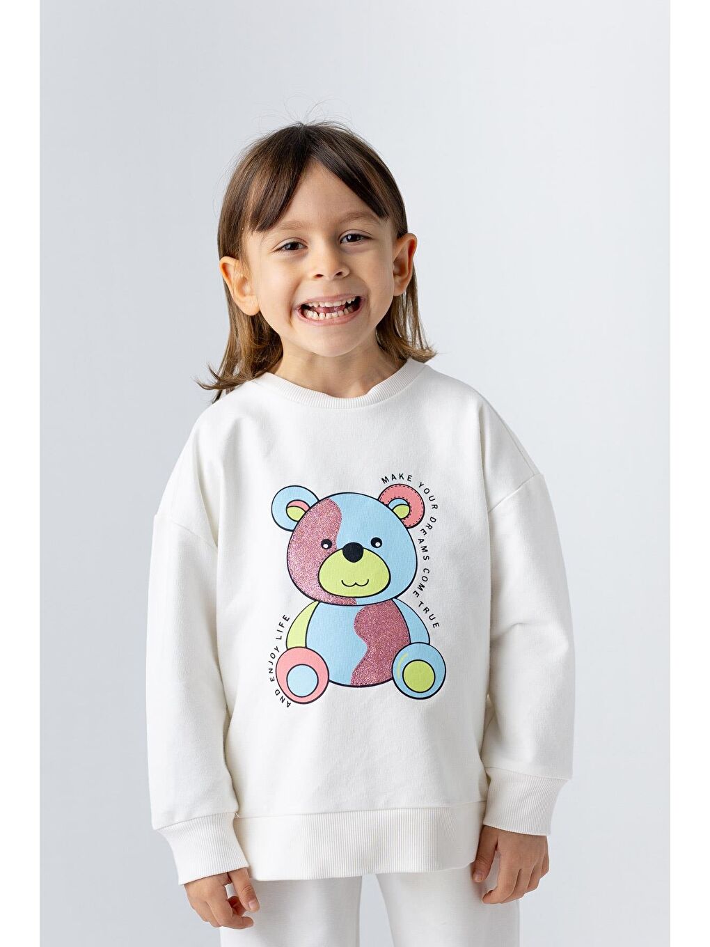 Ekru Kız Çocuk Ayı Desenli Sim Baskılı Sweatshirt