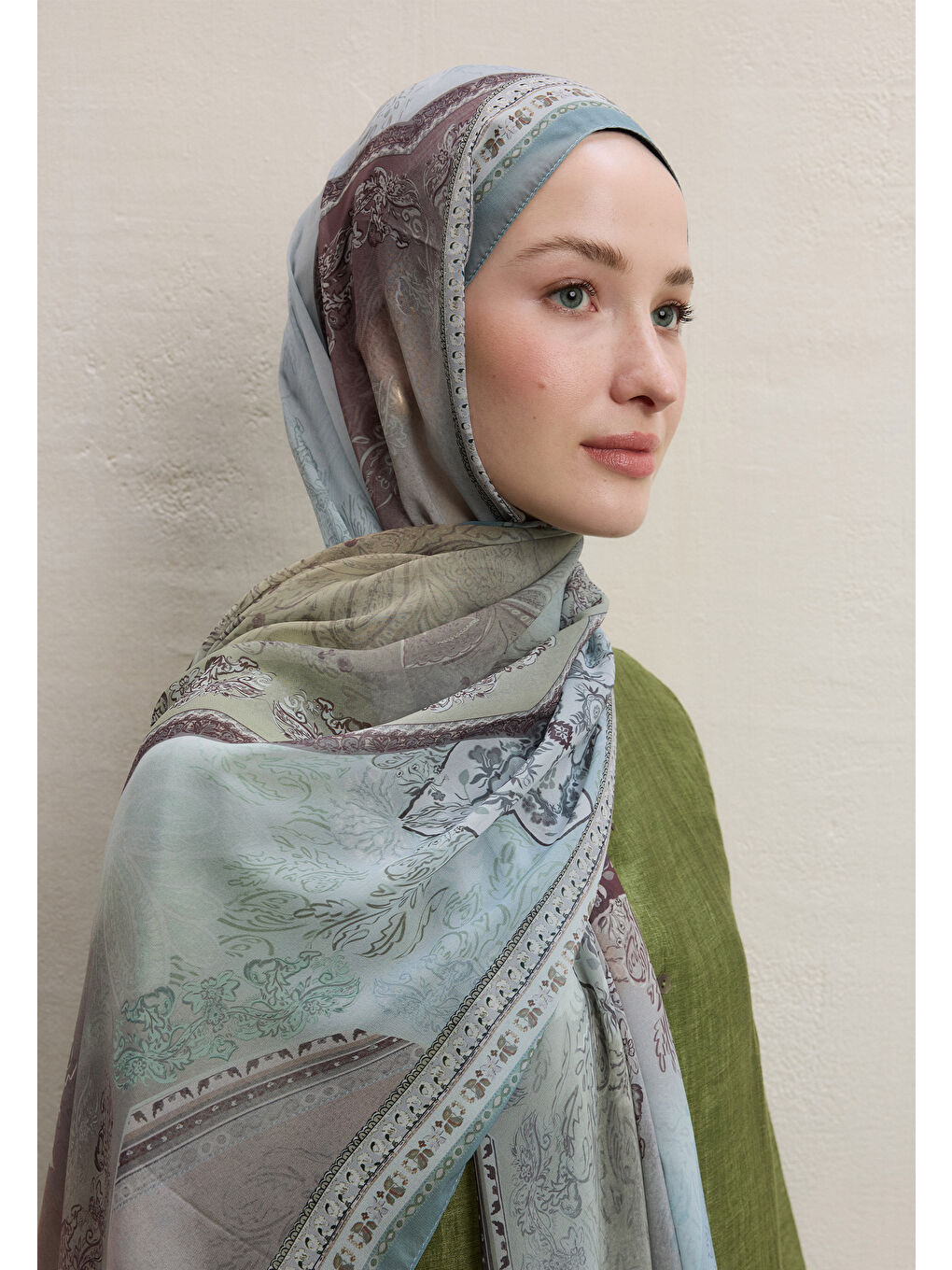 Yeşil Amelıa Desen İpek Krep Şal Adaçayı-1