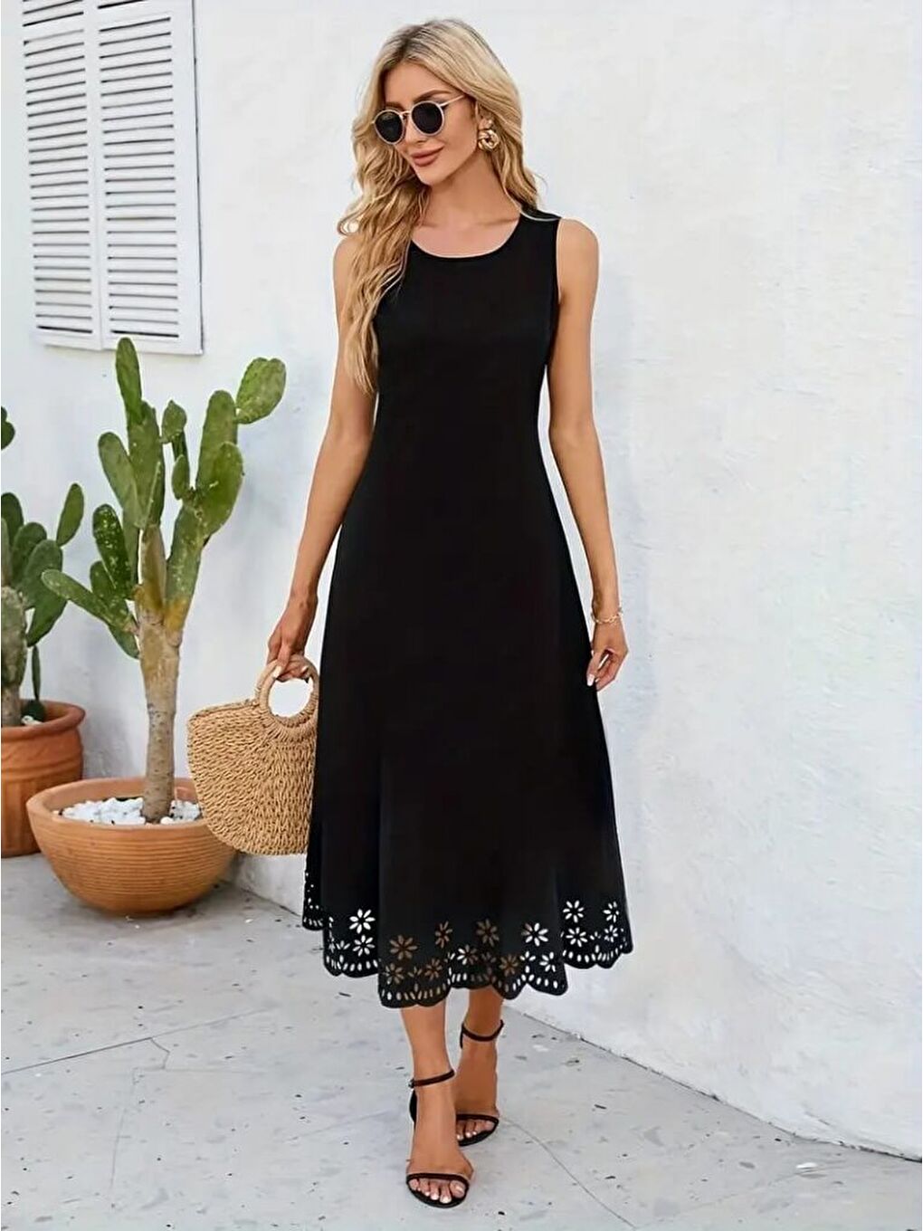 Siyah Kadın Kolsuz Etek Ucu Lazer Kesim çiçek Desenli Midi Boy Janjan Krep Elbise-2