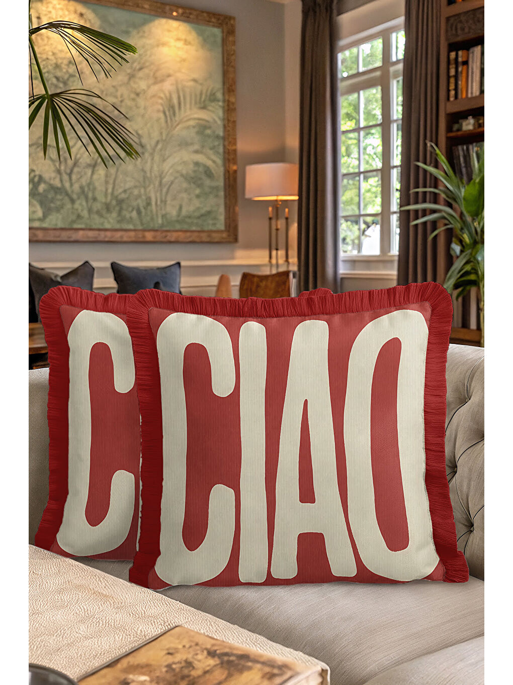 Karışık Modern Retro Yazılı Saçaklı Yastık Kılıfı - Büyük Tipografi Bohem Kırmızı Püsküllü Kırlent Kılıfı-7