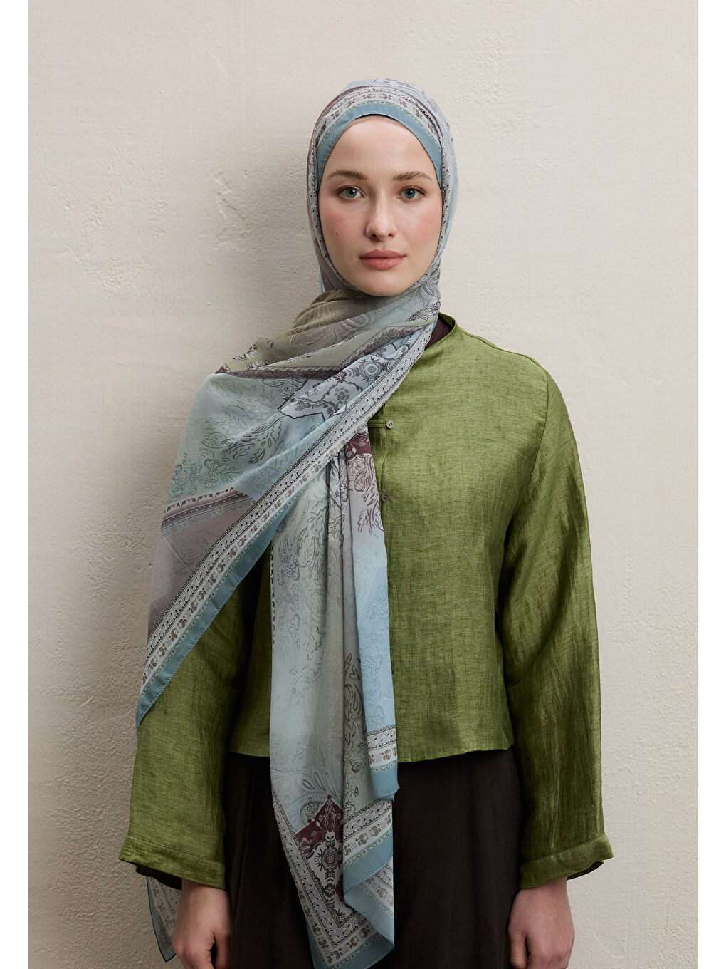 Yeşil Amelıa Desen İpek Krep Şal Adaçayı-2