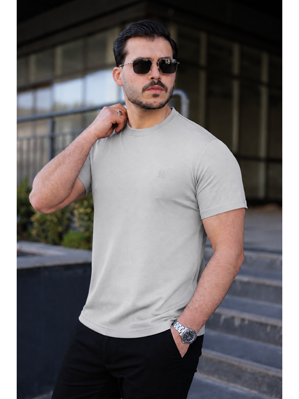 Erkek Kısa Kol Yazlık Baskılı A.gri Dar Tişört-1