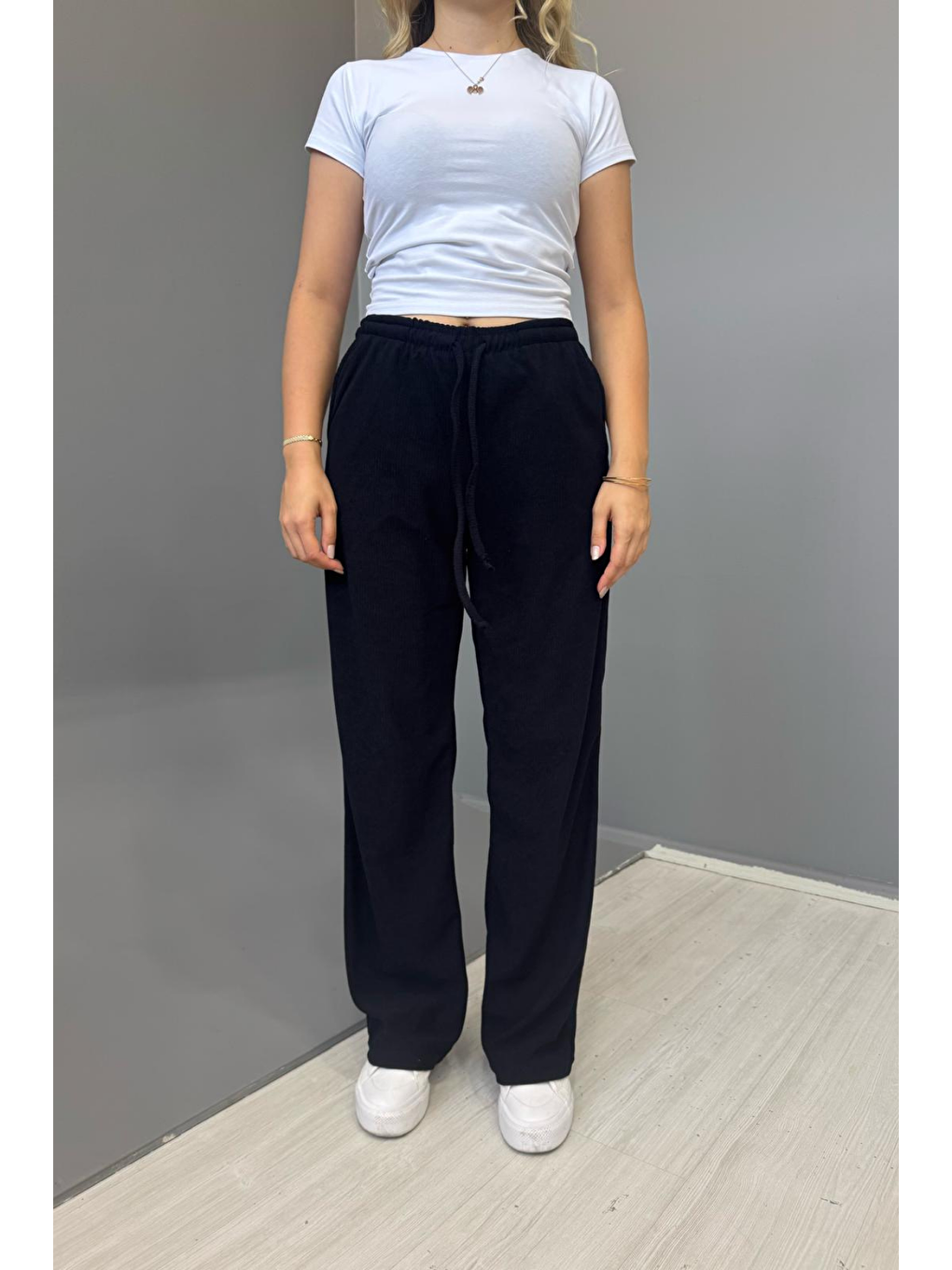Lacivert Kadın Jakarlı Salaş Bağcıklı Pantolon - LACİVERT