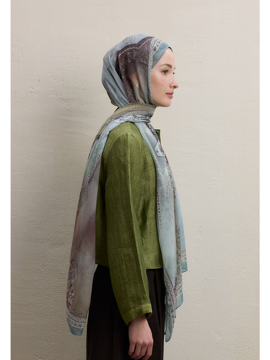 Yeşil Amelıa Desen İpek Krep Şal Adaçayı-3