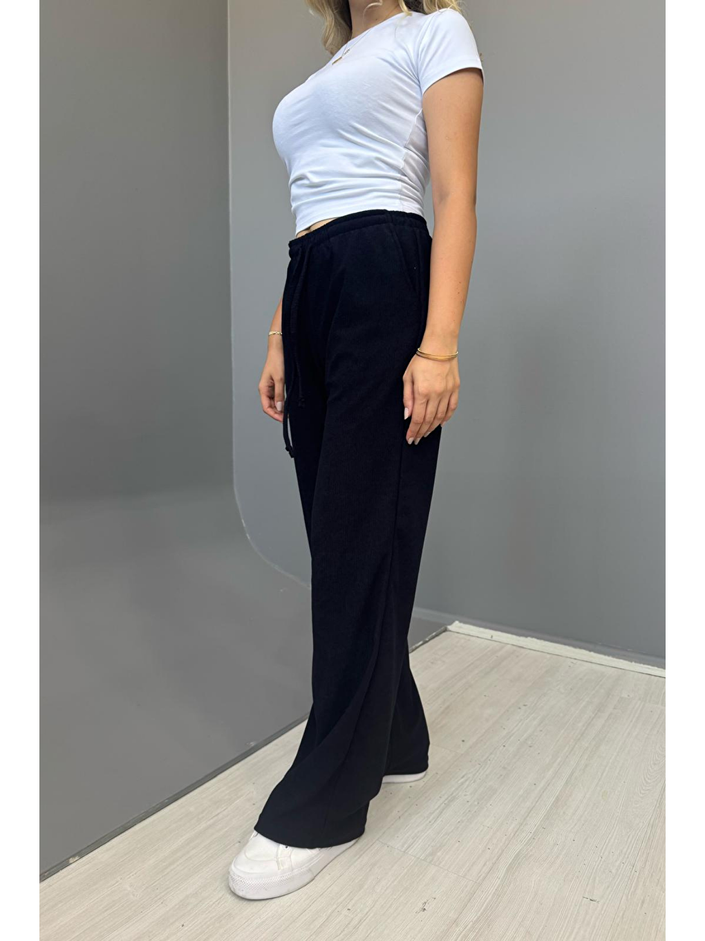 Lacivert Kadın Jakarlı Salaş Bağcıklı Pantolon - LACİVERT-1