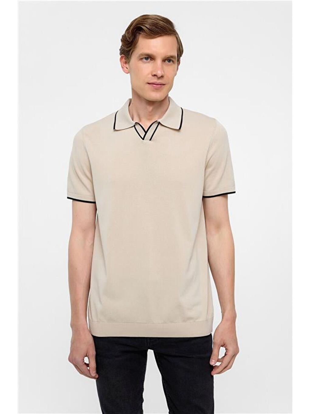 Bej Regular Düz Polo Yaka Triko