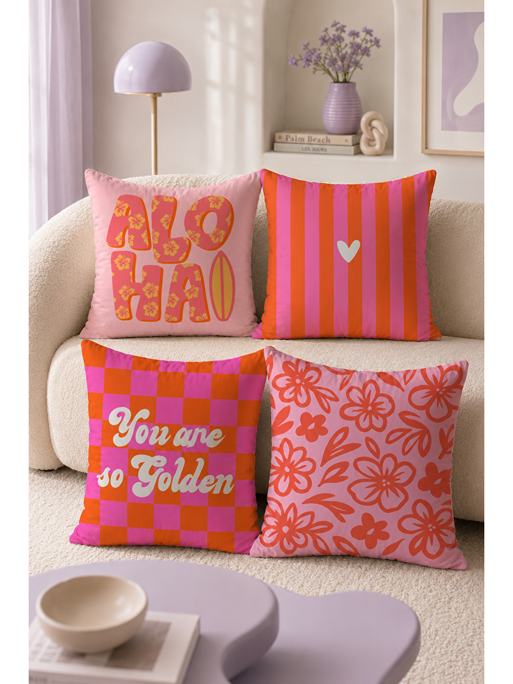Pembe Aloha Çiçek Ve Çizgi Desenli Dekoratif Kırlent Kılıfı 43x43 Cm Retro Yazlık Dekor-7