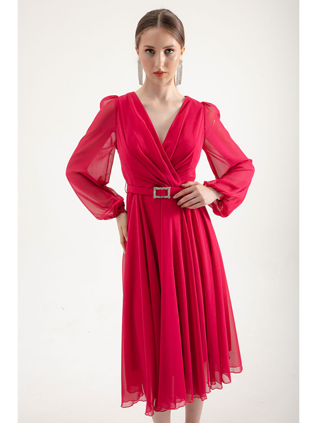 Kadın Fuşya Kemerli Midi Şifon Abiye Elbise-1