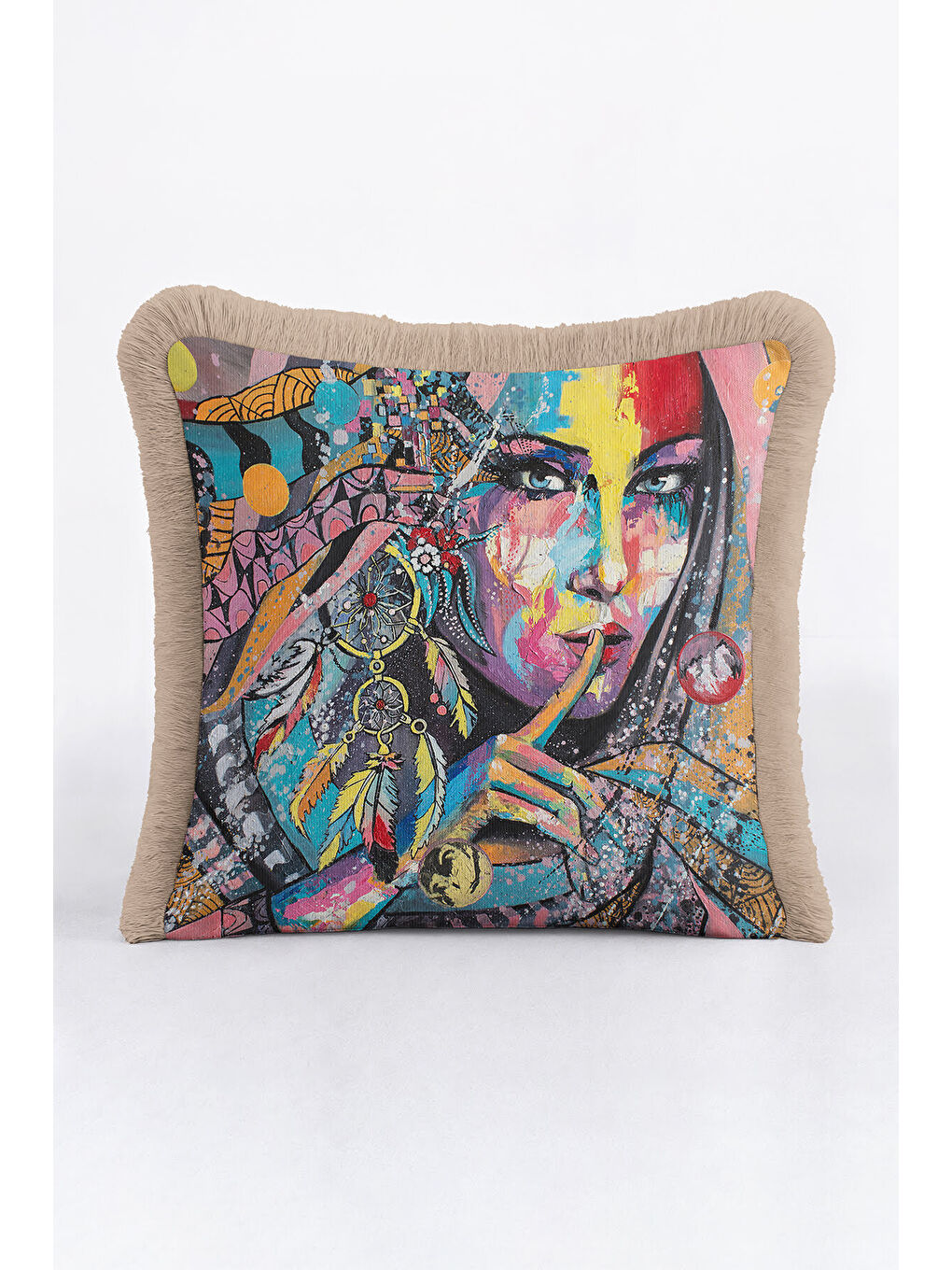 Karışık Renkli Sanat Portre Saçaklı Yastık Kılıfı - Bohem Etnik Vurgulu Mavi Bej Püsküllü Kırlent Kılıfı