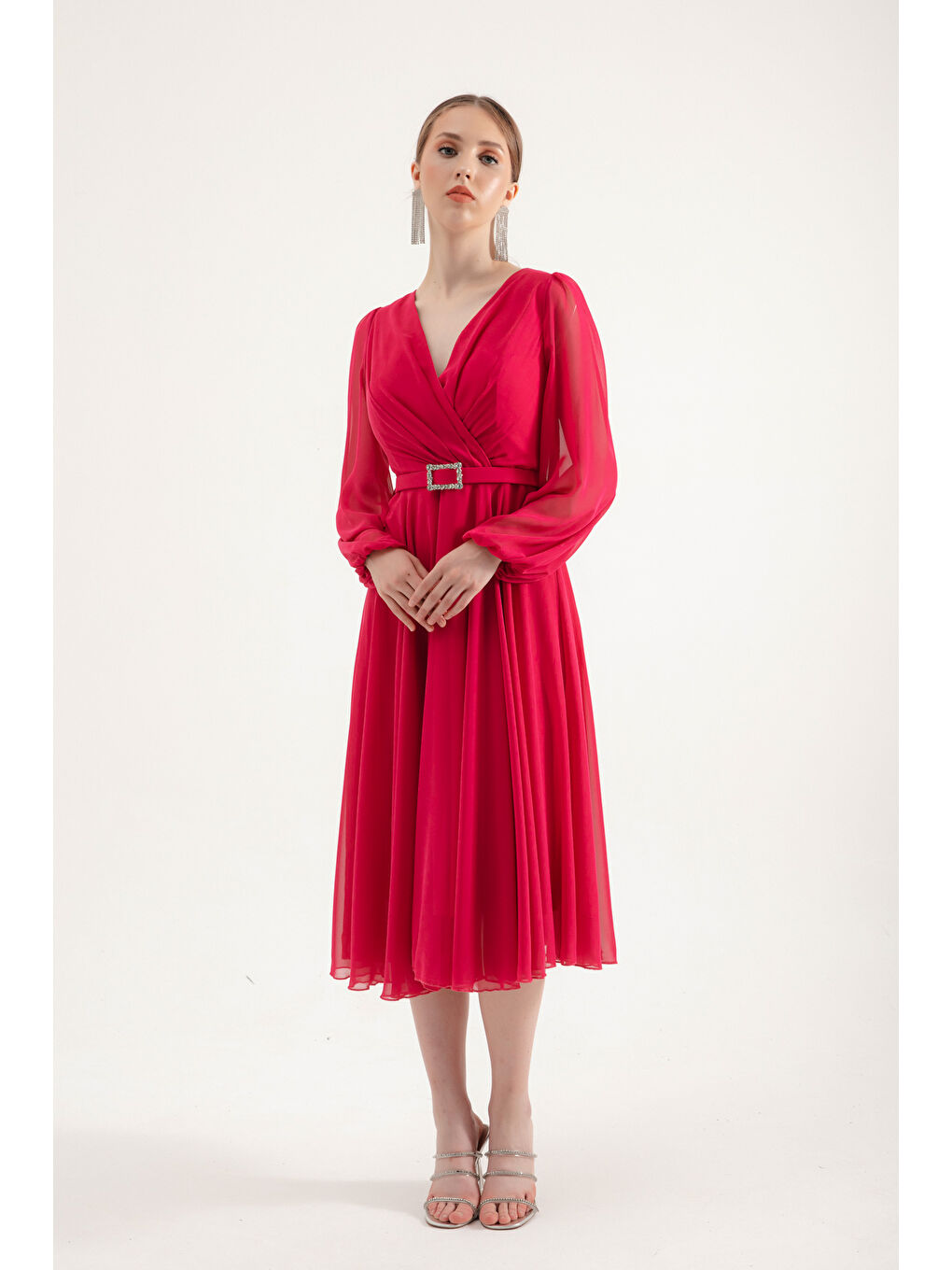 Kadın Fuşya Kemerli Midi Şifon Abiye Elbise-2