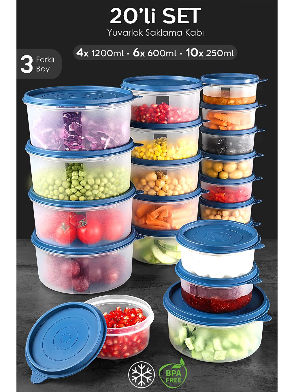 20'li Yuvarlak Gıda Saklama Kabı Seti 10x250 6x600 4x1200 ml Lacivert